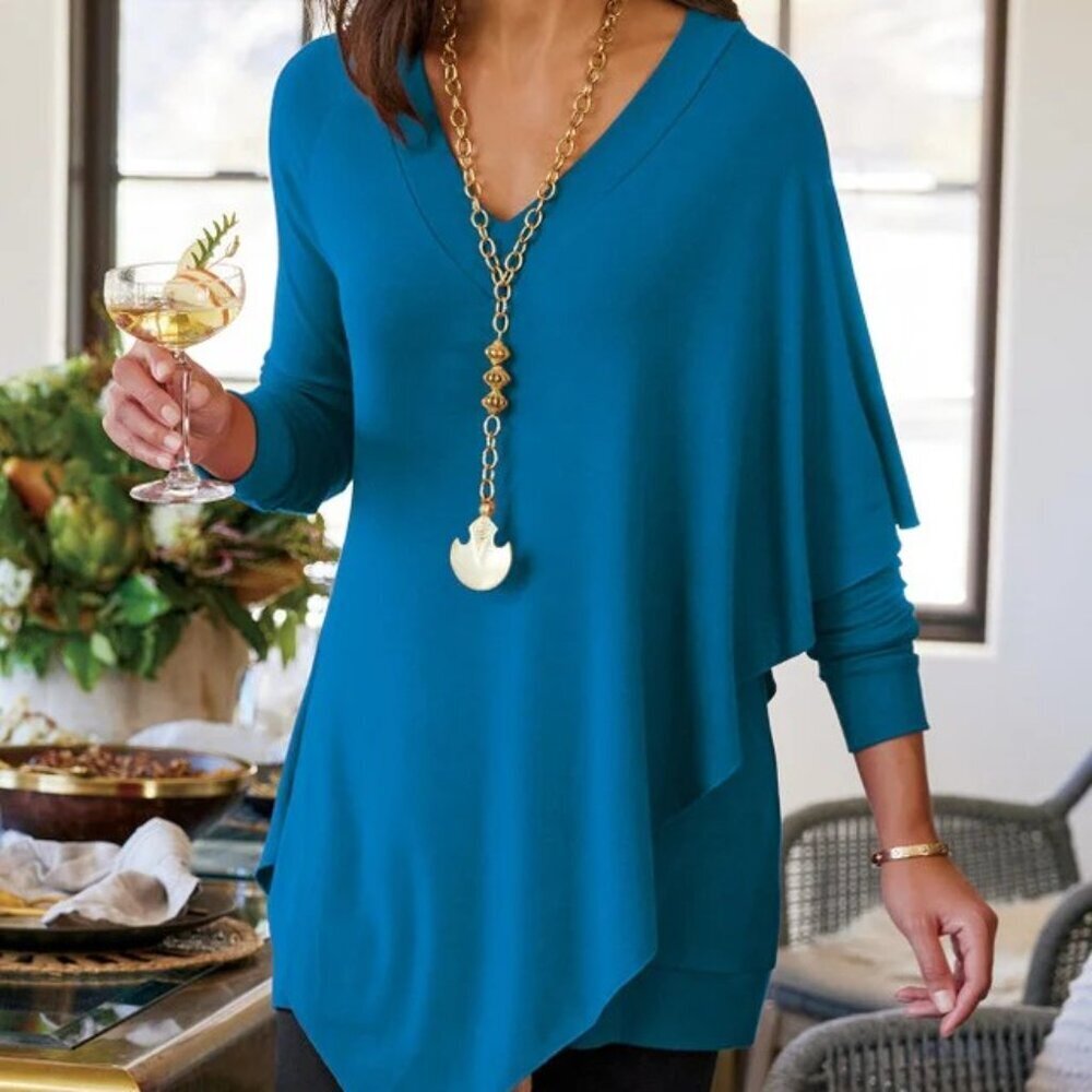 Soft Surroundings Women's Size XL Teal Blue Madeline LS Tunic Asymmetric Hem Top